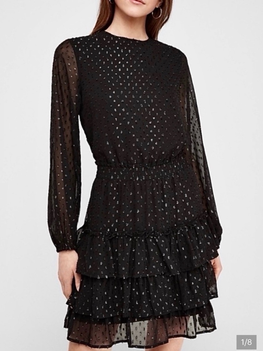Express Black Long-Sleeve Tiered Mesh Dress with Metallic Dots